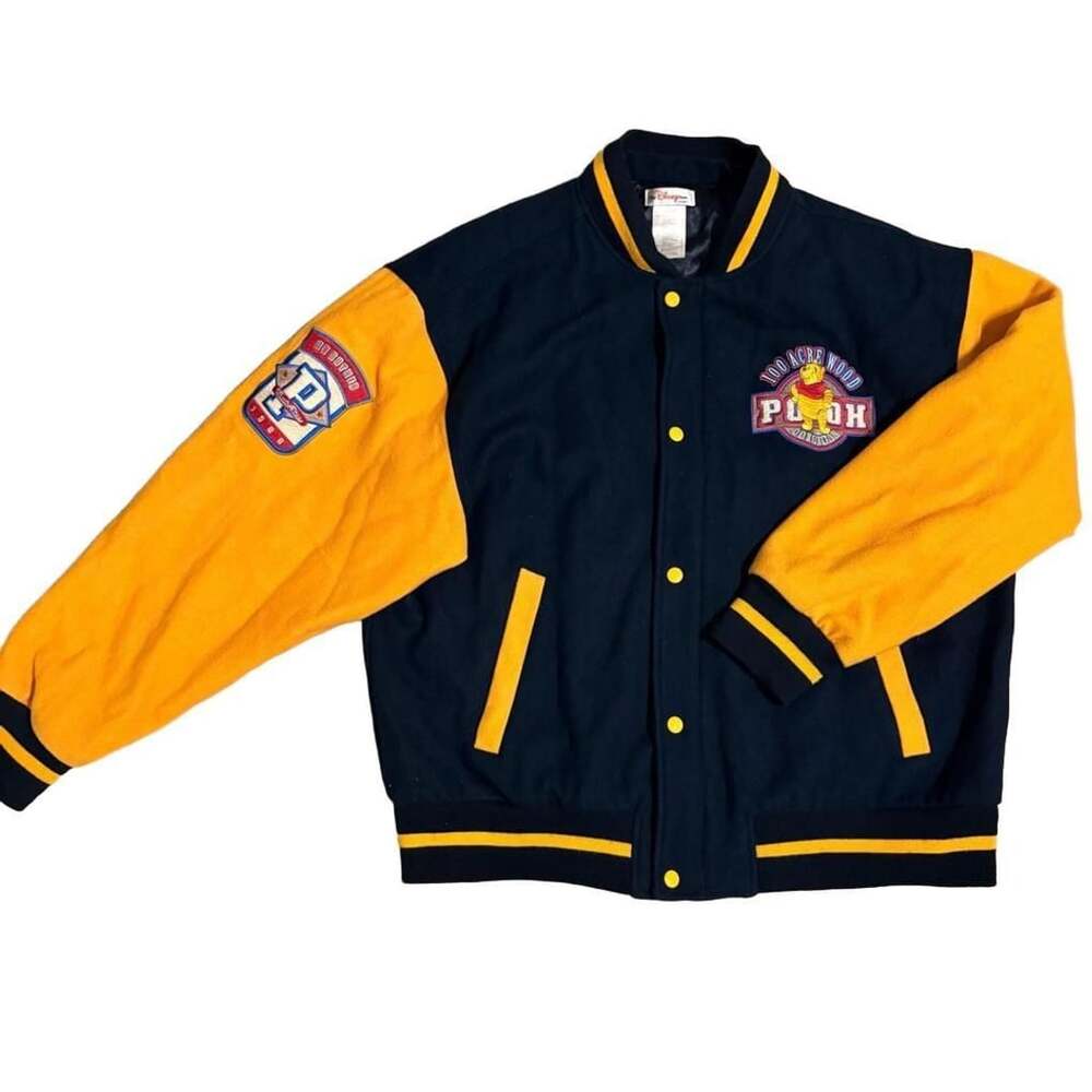 Vintage Disney Store Winnie The Pooh 100 Acre Wood Varsity Jacket L Blue Gold